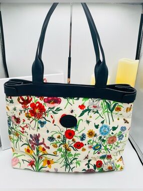 Gucci Cream Floral Tote with Navy Trim